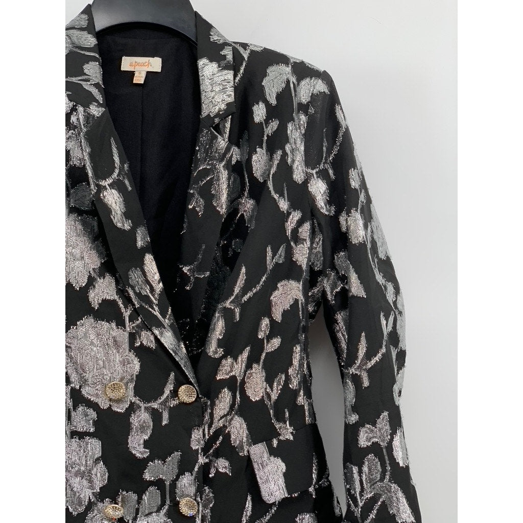 A.PEACH Women's Black-Silver Printed Double-Button Notch Collar Blazer SZ S