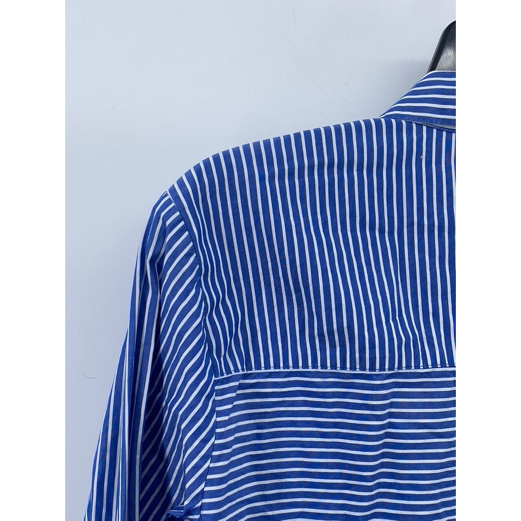 LOFT Women's Blue-White Striped Button-Up Round-Hem Long Sleeve Top SZ S