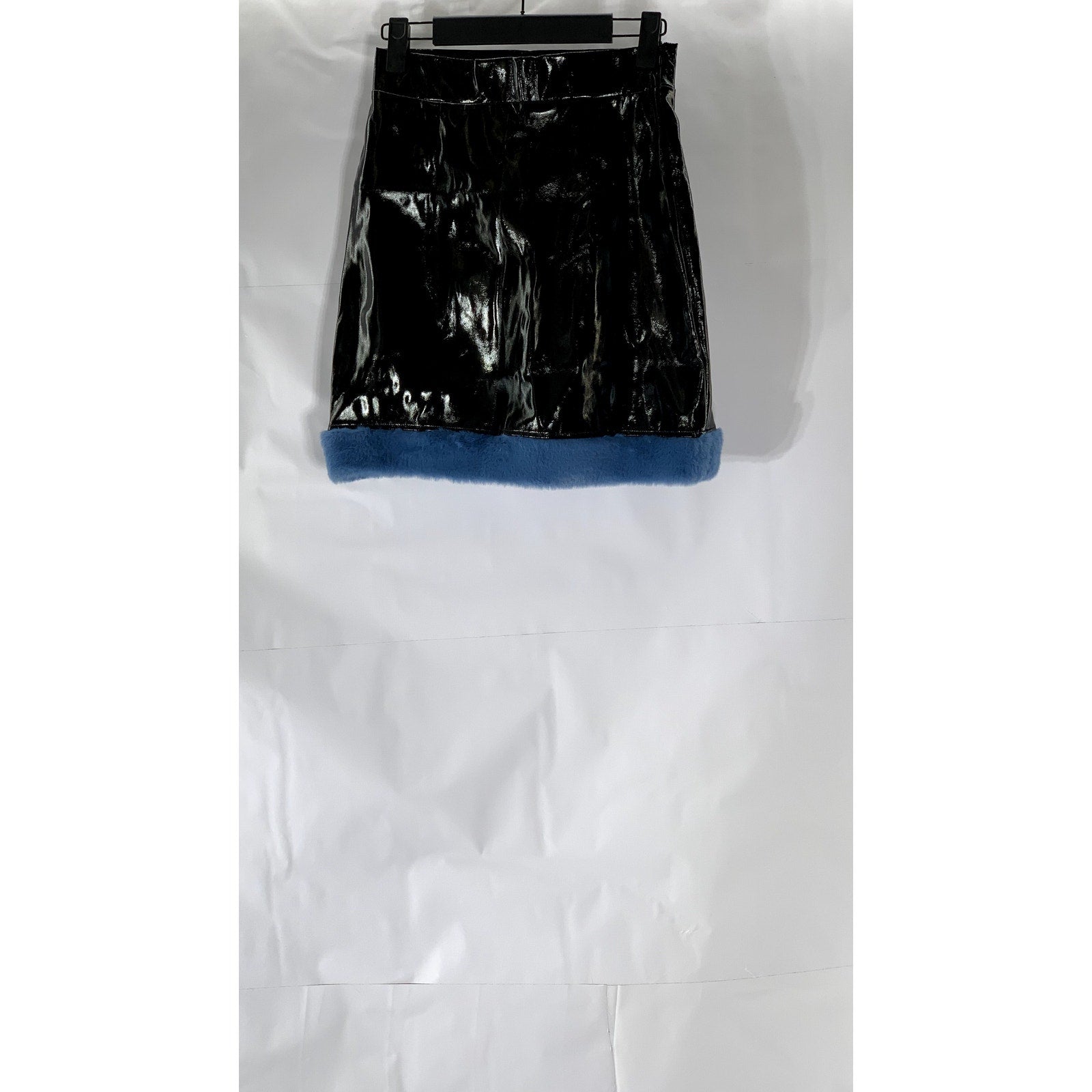 UNBRANDED Women's Black-Blue Faux Patent Leather Faux-Fur Trim Mini Skirt SZ S
