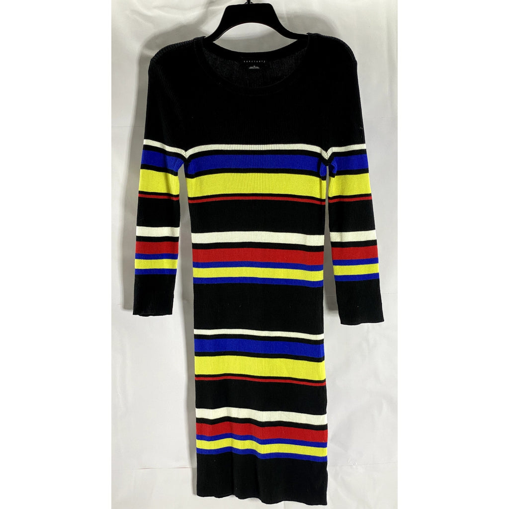 SANCTUARY Women's Black/Multi Striped Crewneck 3/4 Sleeve Knit Mini Dress SZ M