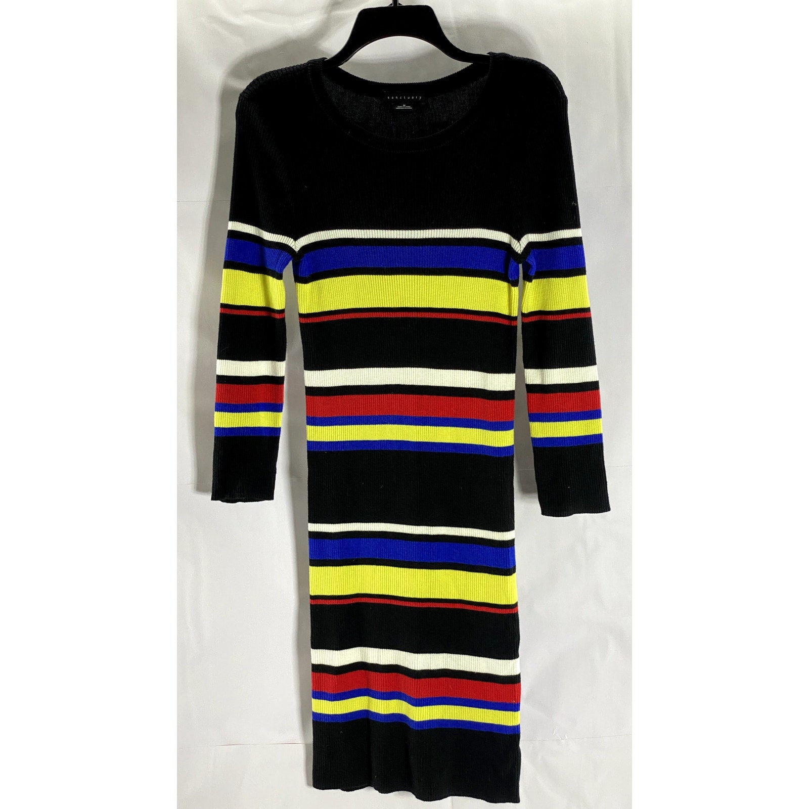 SANCTUARY Women's Black/Multi Striped Crewneck 3/4 Sleeve Knit Mini Dress SZ M