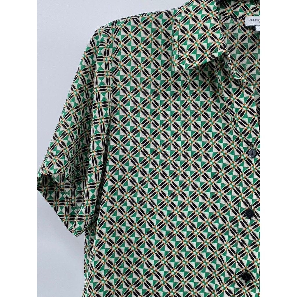 CAROLINA BELLE MONTREAL Women's Green Printed Button-Up Short Sleeve Top SZ XS