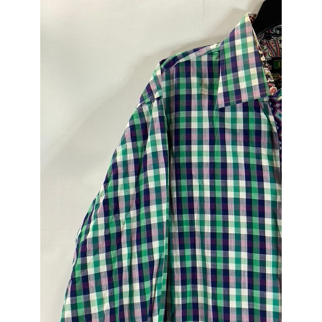 INSERCH ICON Men's Green Check Jacquard Cotton Button-Up Flip Cuff Shirt SZ XL