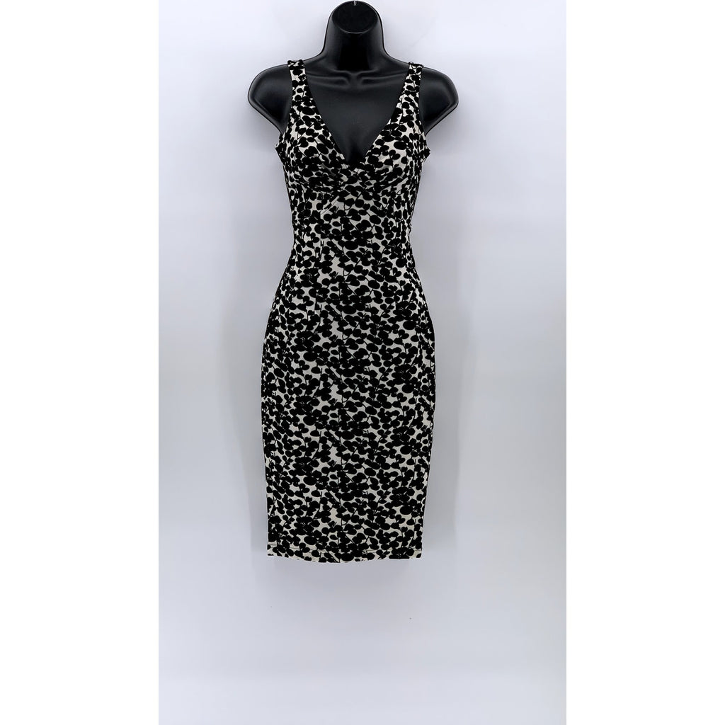 UNBRANDED Women's Black-White Floral V-Neck Sleeveless Bodycon Midi Dress SZ S