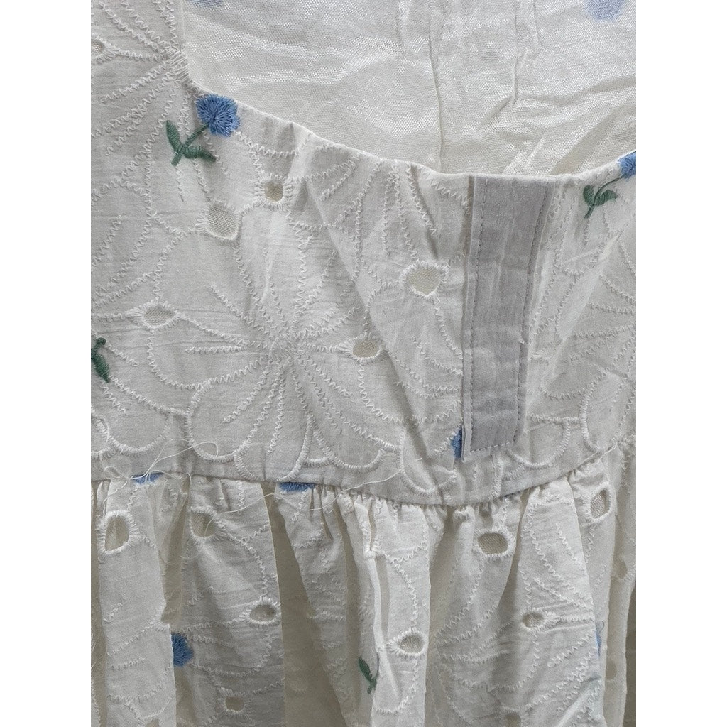UNBRANDED Girl's White Embroidered Floral Eyelet A-Line Sleeveless Dress SZ L
