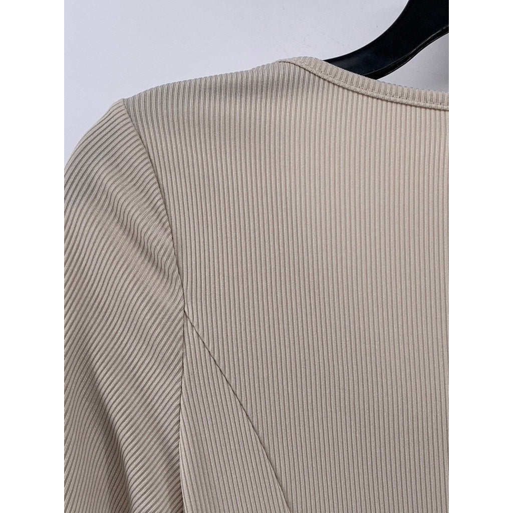 SHEIN Women's Beige Ribbed Square-Neck Slit Bodycon Dress SZ S