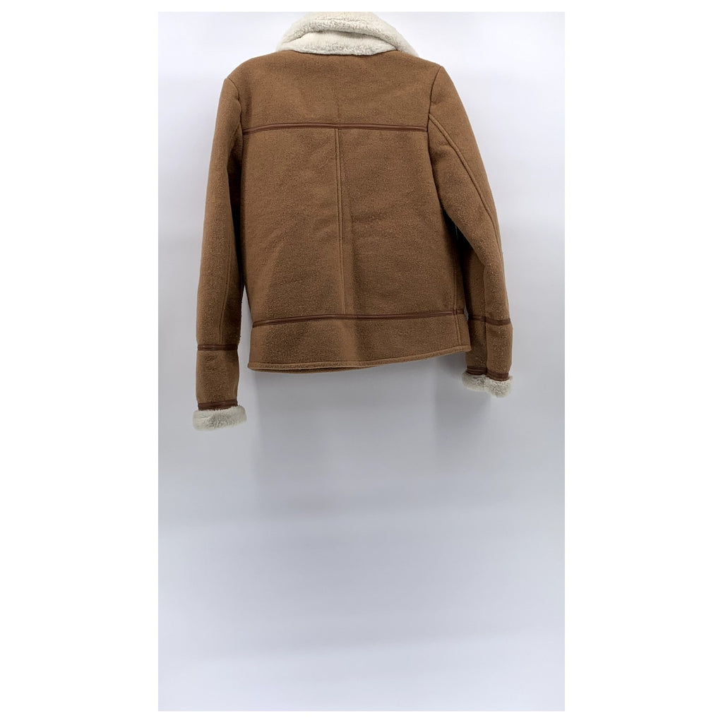 NVLT Women's Tan-White Sherpa Lined Zip-Up Brushed Melton Wool-Blend Jacket SZ S