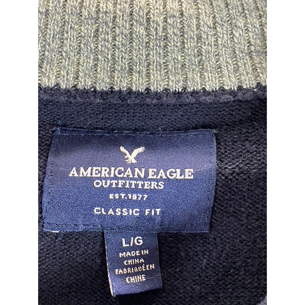 AMERICAN EAGLE Men's Navy/Grey Large Stripe Classic-Fit Pullover Sweater SZ L