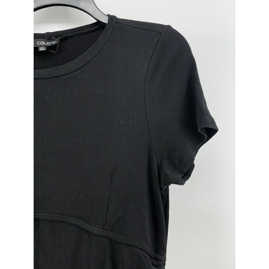 TALENT Women's Black Ribbed Side-Ruched Short Sleeve Top SZ 1XL
