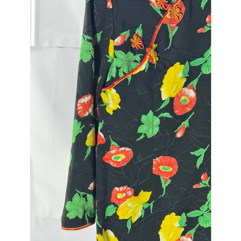 Women's Black Carnation Floral Print Wrap Cheongsam Frog-Closure Dress SZ M