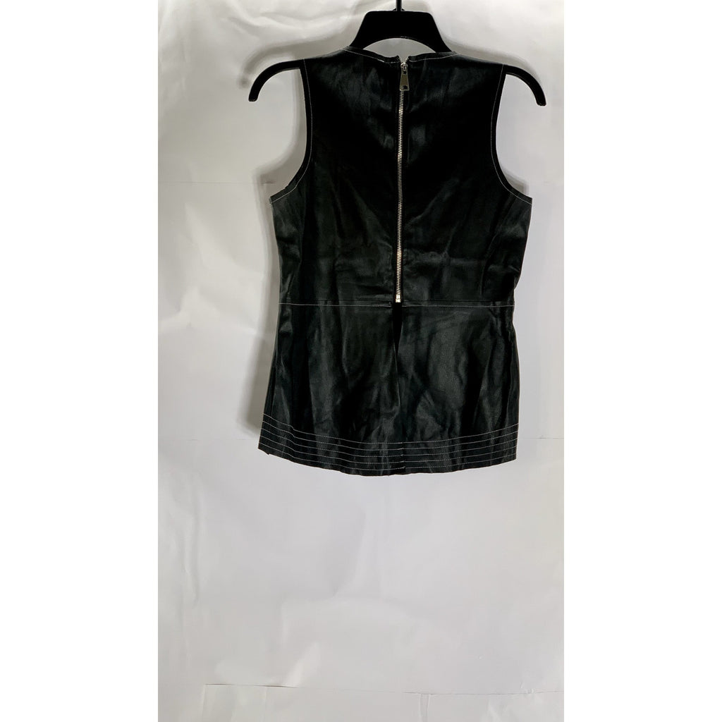 ZARA BASIC Women's Black Faux-Leather Contrast Stitch Back Zipper Top SZ M