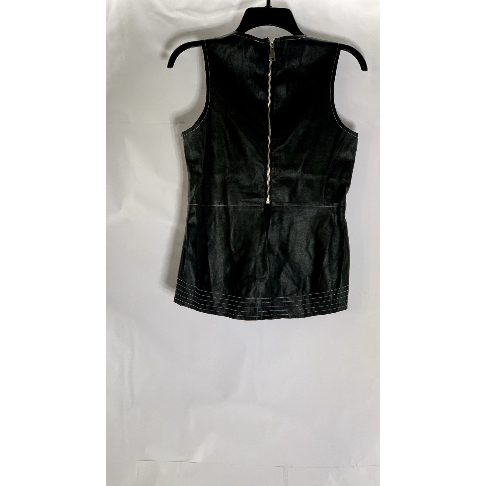 ZARA BASIC Women's Black Faux-Leather Contrast Stitch Back Zipper Top SZ M