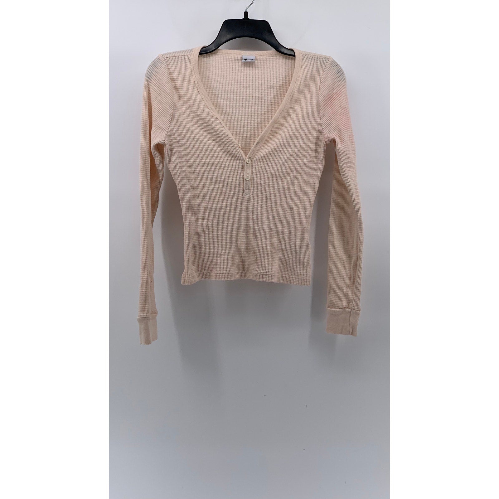 TNA Women's Rose Waffle-Knit Button-Up Long Sleeve V-Neck Crop Top SZ M