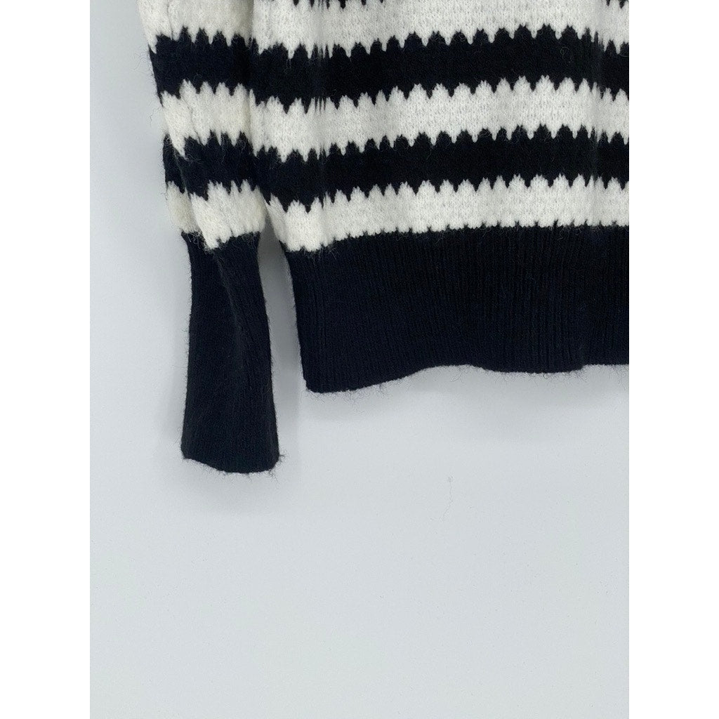 OVER KLESHAS Women’s Black-White Collared Knit Striped Sweater SZ L/XL