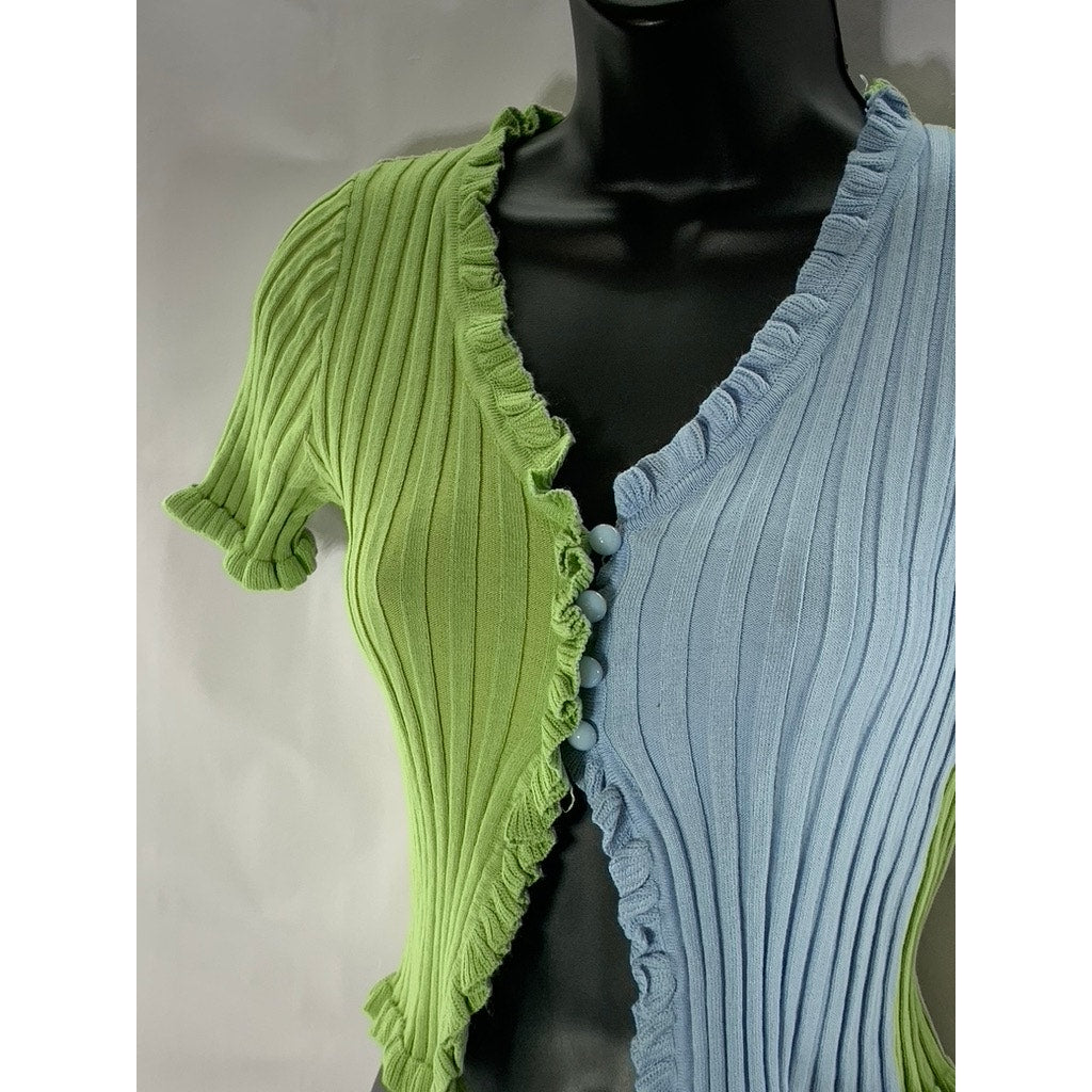 REDBERRY Women's Green/Blue Ribbed Button-Up Ruffle-Trim Short Sleeve Top SZ S/M