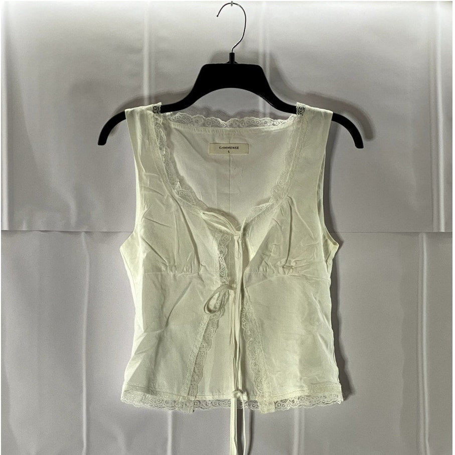 COMMENSE Women's White Fly Away Tied Lace-Trim V-Neck Sleeveless Tank top SZ S