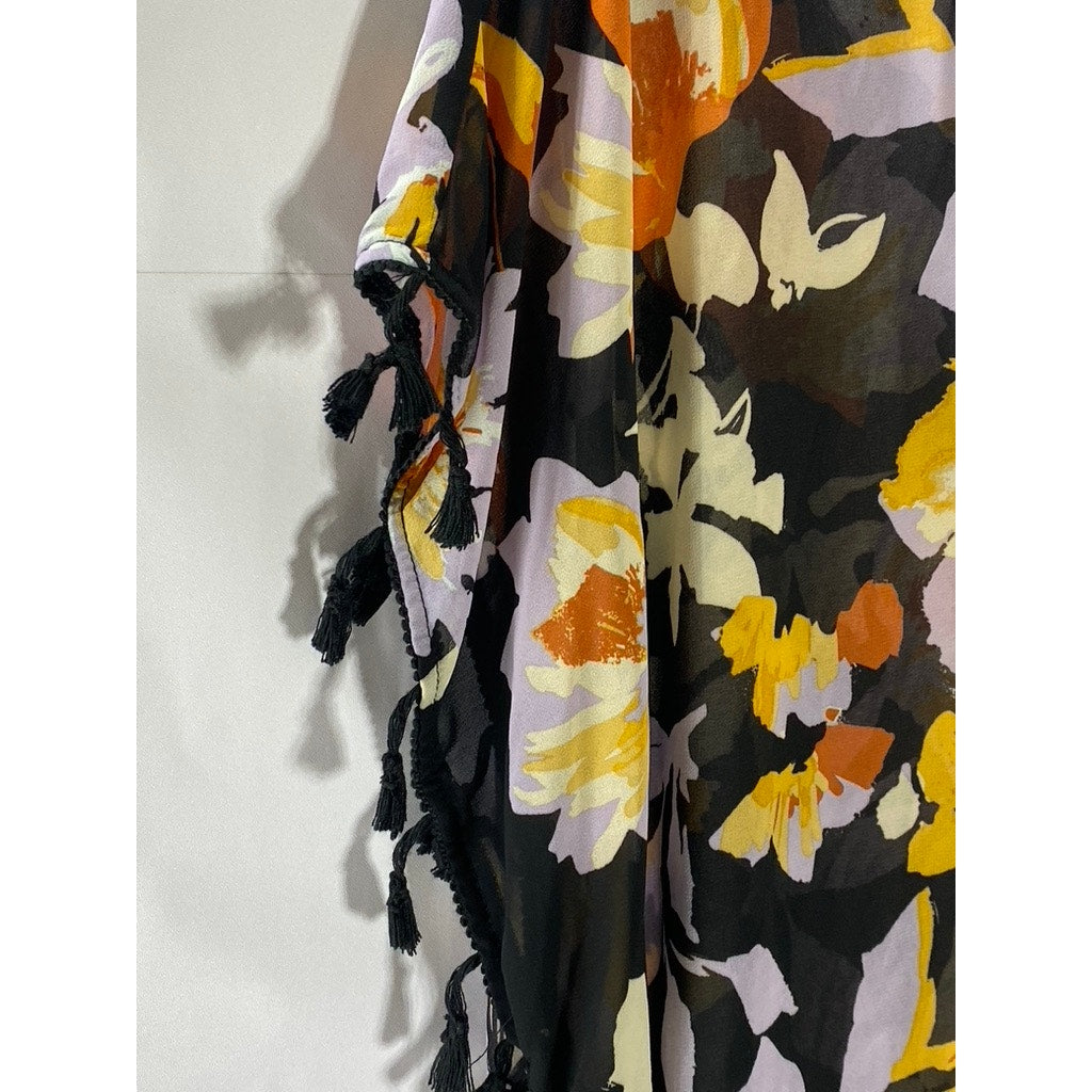 SEA ANGEL Women's Black Floral Sheer Crochet-Trim Fringe Over Shirt SZ M