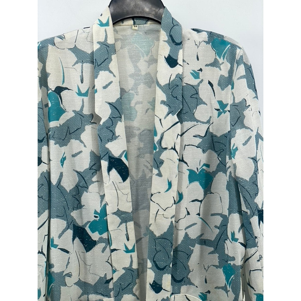 UNBRANDED Women's Blue-White Floral Print Open-Front Shawl Collar Blazer SZ L