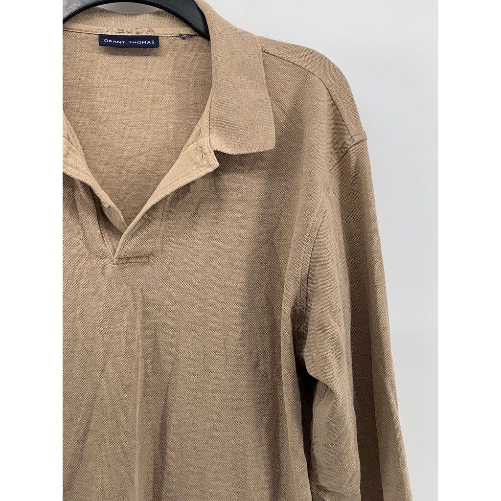 GRANT THOMAS Men’s Tan Solid Long Sleeve Casual Polo Shirt SZ L