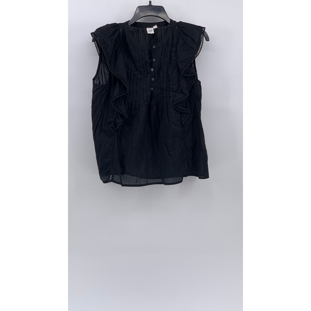 GAP Women's Black Flutter Short Sleeve Eyelet Pleated Half-Button Top SZ S
