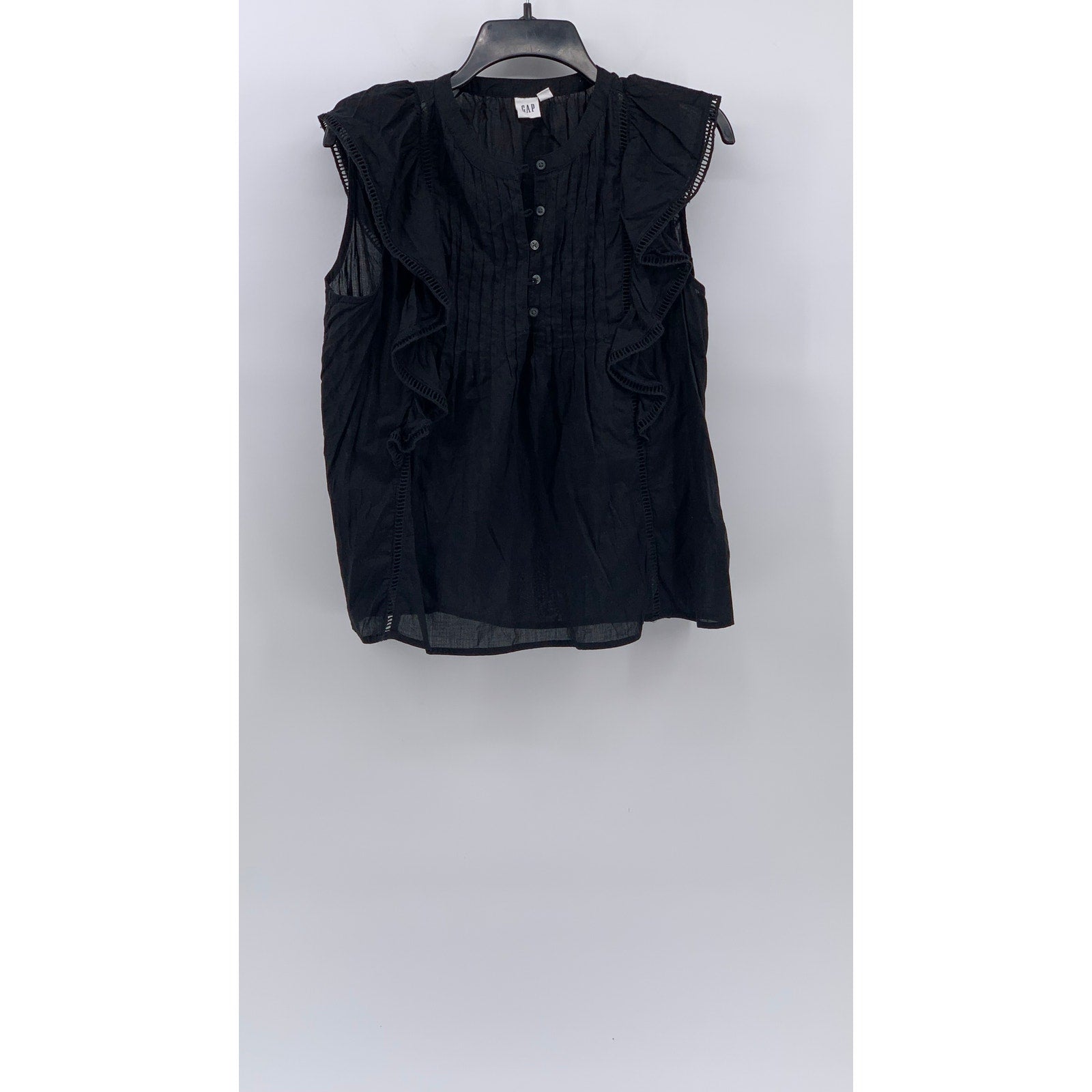 GAP Women's Black Flutter Short Sleeve Eyelet Pleated Half-Button Top SZ S