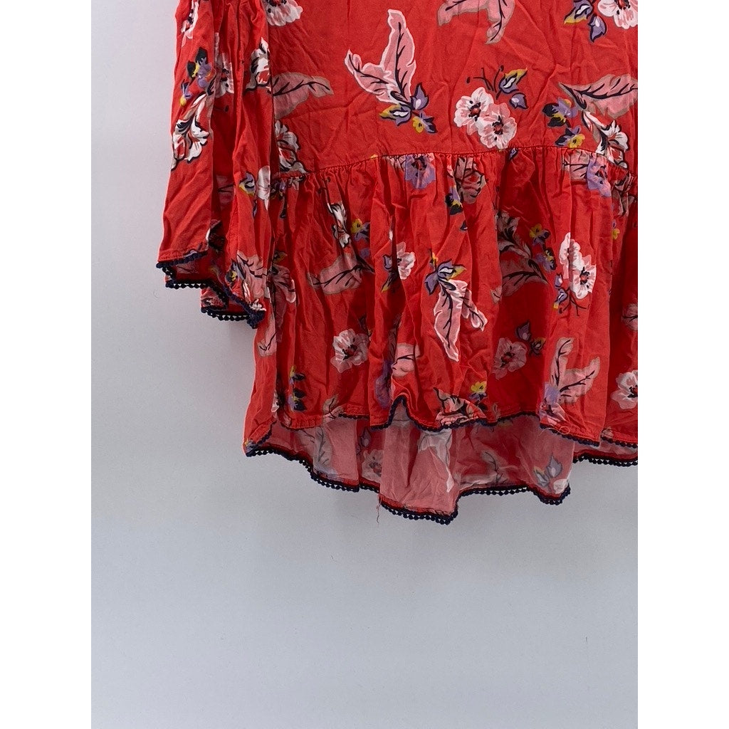 JACHS GIRLFRIEND NEW YORK Women's Red Floral Ruffle Crochet-Trim Blouse SZ XS