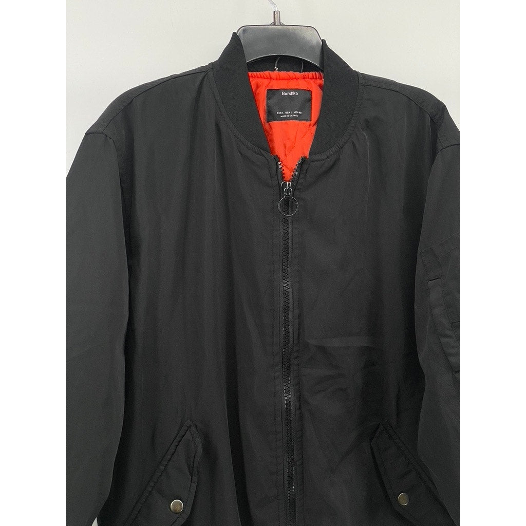 BERSHKA Men's Black Zip-Up Long Sleeve Bomber Jacket SZ L