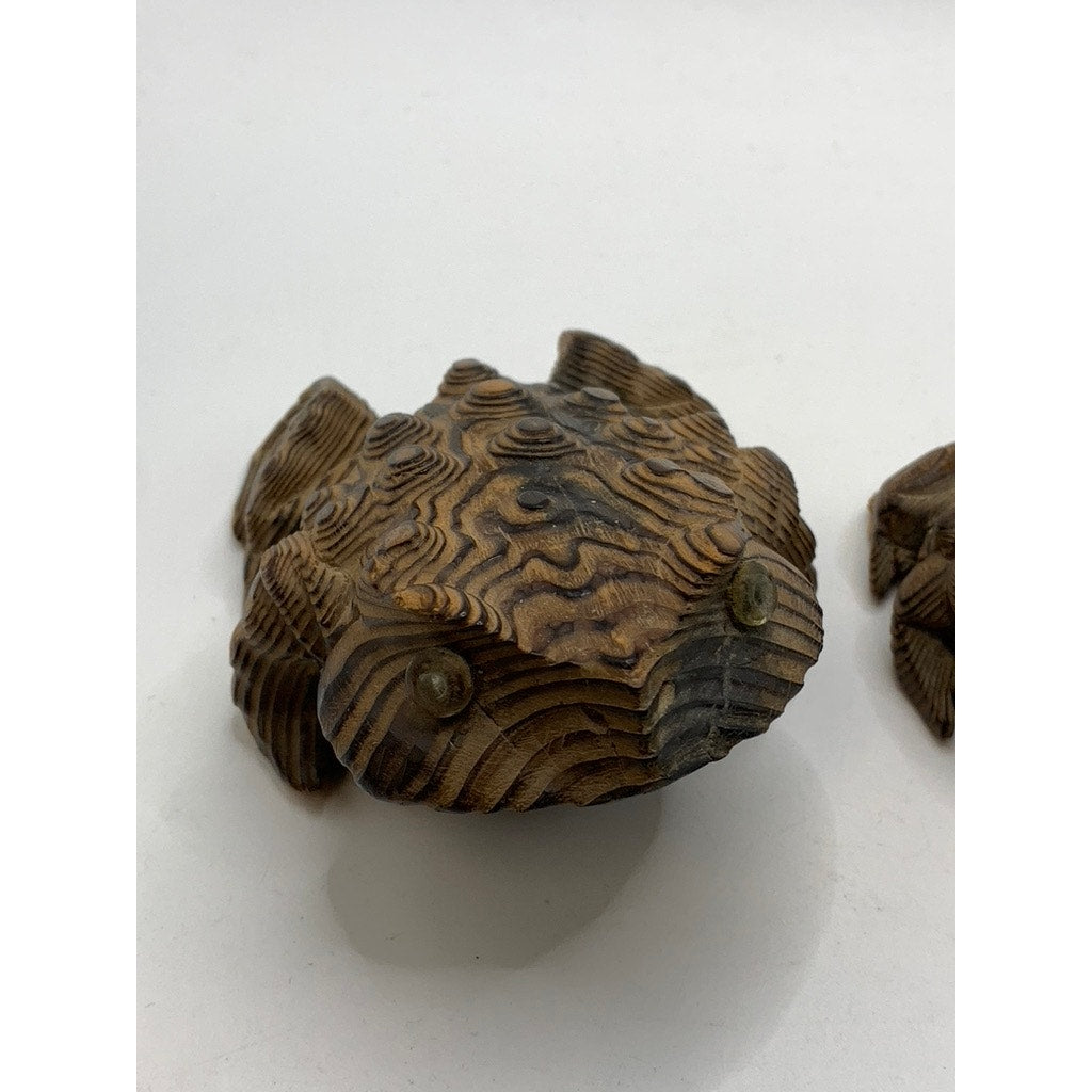VINTAGE Brown Japanese Wood Carved Toad Set