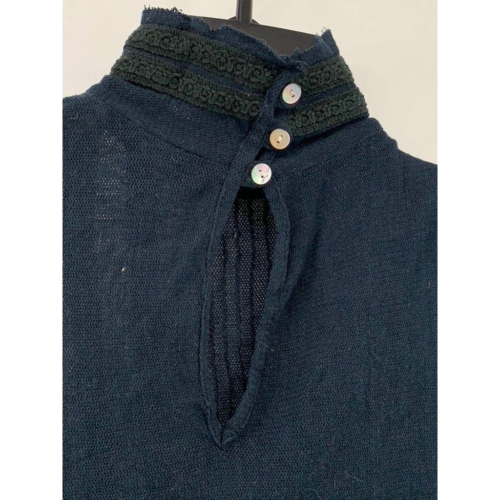 UNBRANDED Women's Navy Blue Sheer Ruffle Trim Lace Mock-Neck Top SZ S