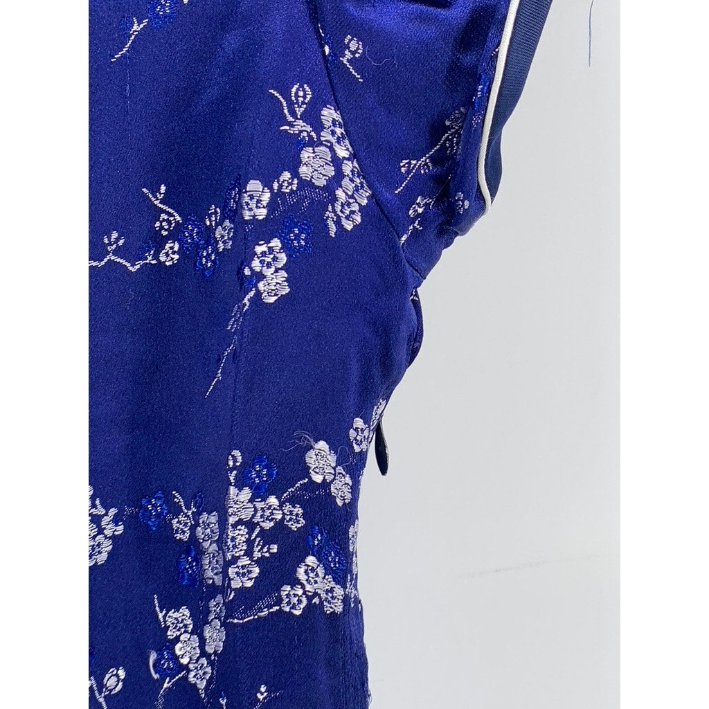 UNBRANDED Women's Dark Blue Satin Floral Print Cheongsam Dress SZ 38(US10)