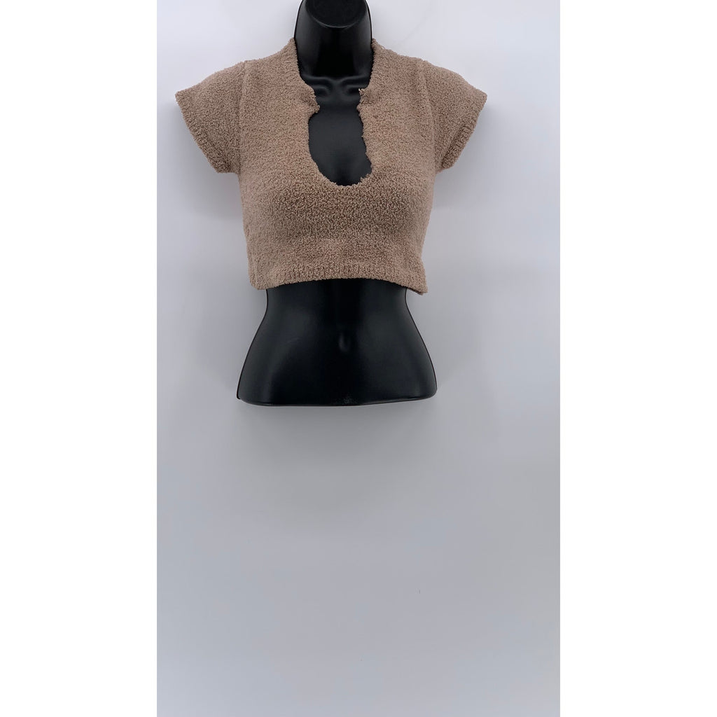 FOREVER 21 Women's Brown Teddy Split-Neck Short Sleeve Crop Top SZ S