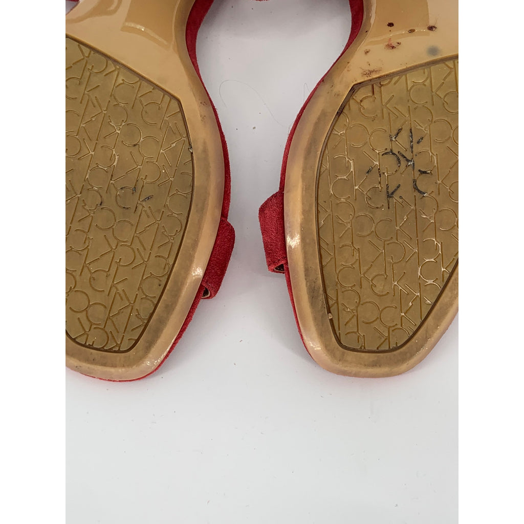 CALVIN KLEIN Women's Red Faux-Suede Open Toe Block-Heel Ankle Strap Sandals SZ 7