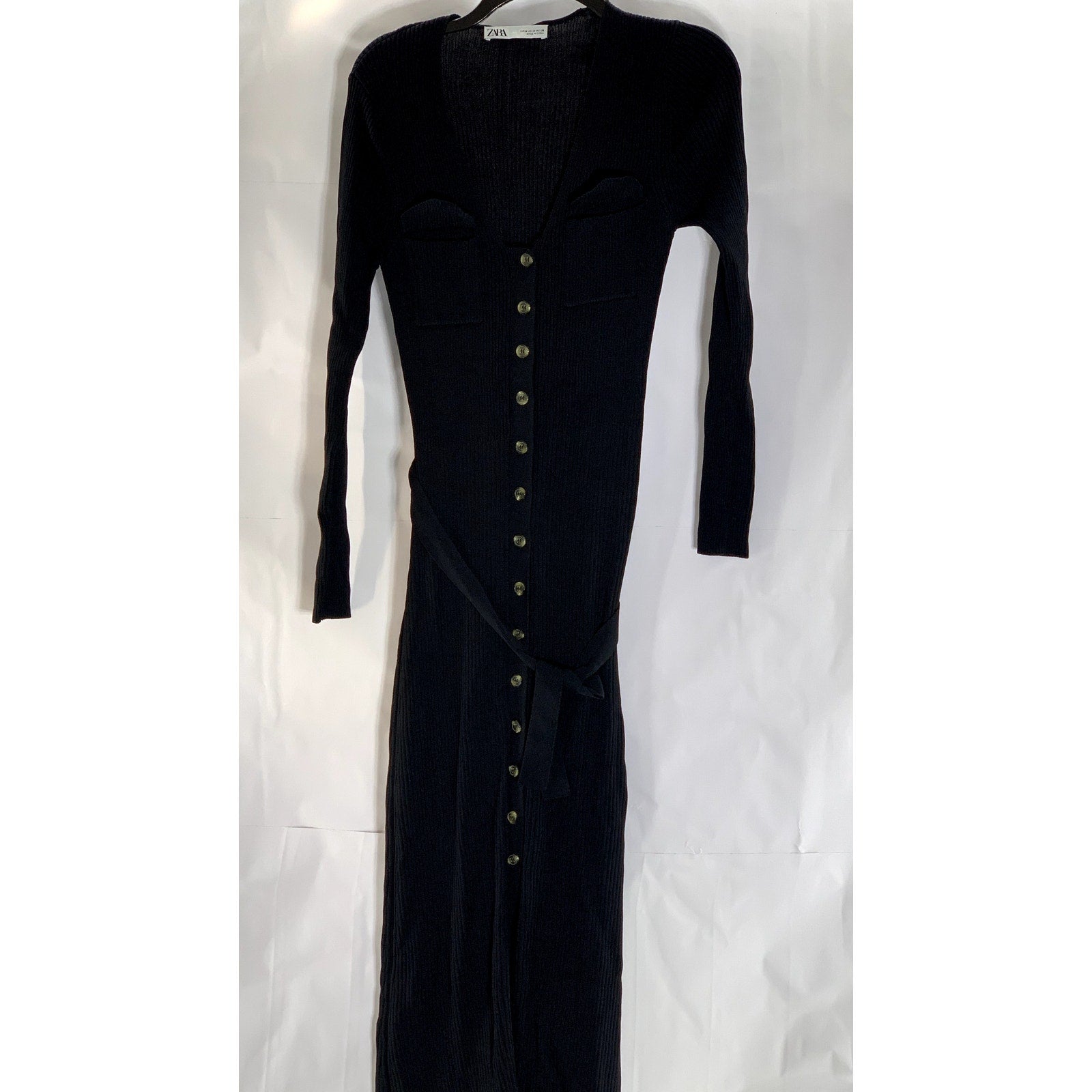 ZARA Women's Black Ribbed Flap Pocket Button-Down Belted Long Sleeve Dress SZ M
