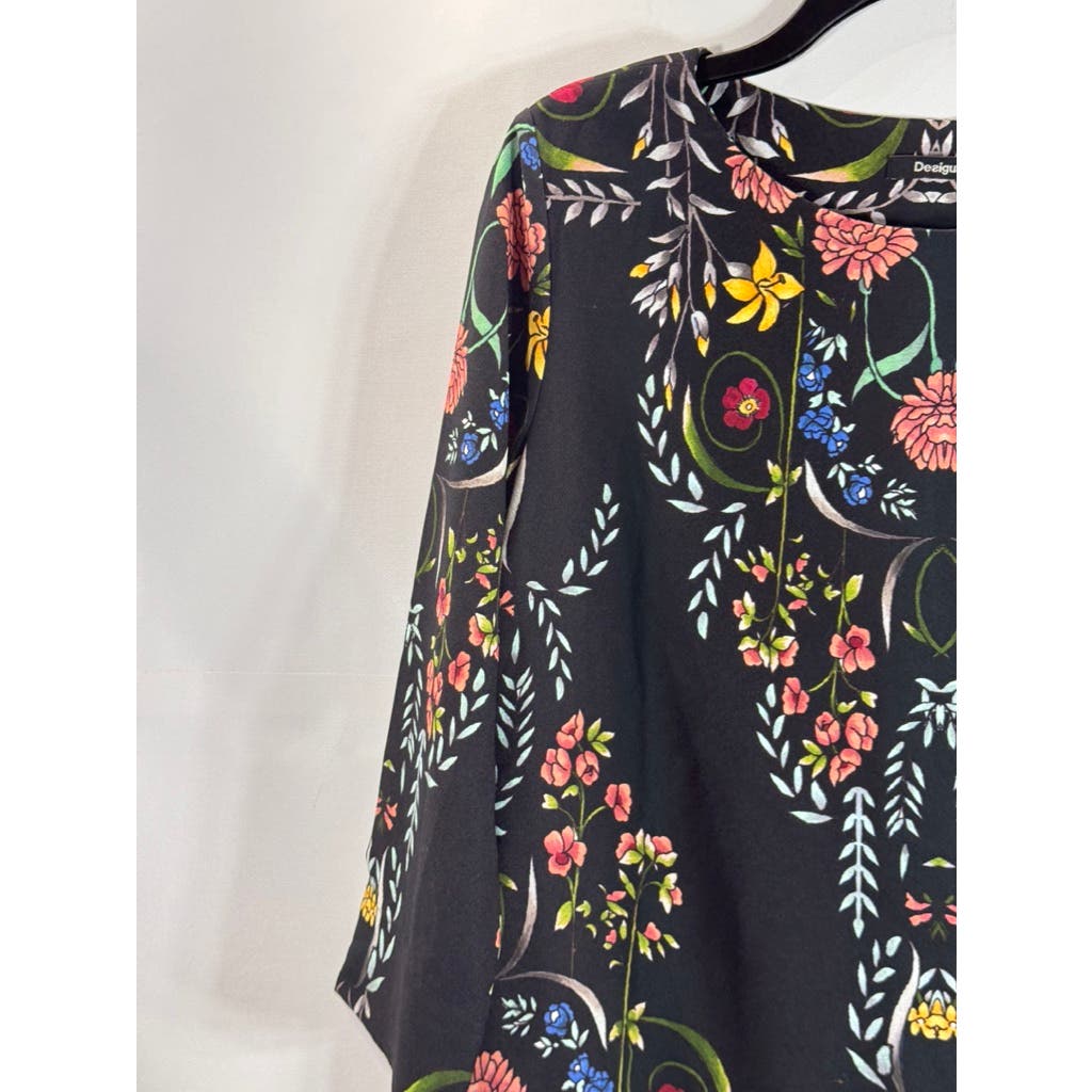 DESIGUAL Women's Black Clementine Folk Floral 3/4 Sleeve Mini Dress SZ 42(US12)