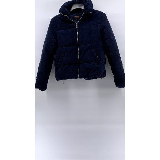 AMBIANCE OUTWEAR Women's Navy Blue Corduroy Stand Collar Puffer Jacket SZ S
