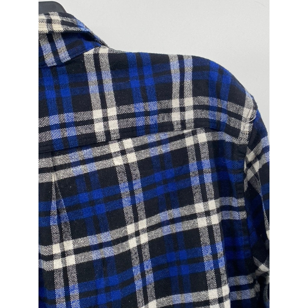 GAP Men's Blue-White Plaid Standard-Fit Button-Up Long Sleeve Flannel Shirt SZ M