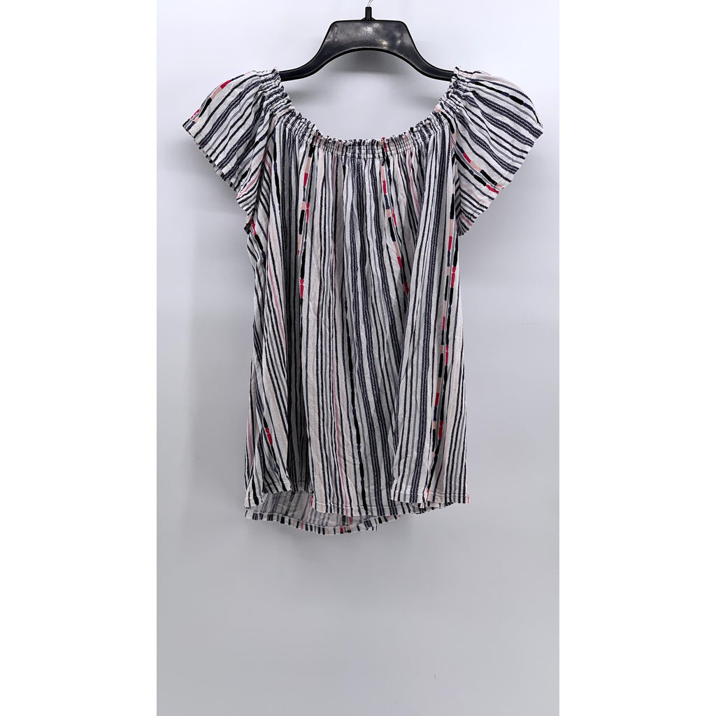 UNBRANDED Women's White-Navy Striped Boho Top SZ M