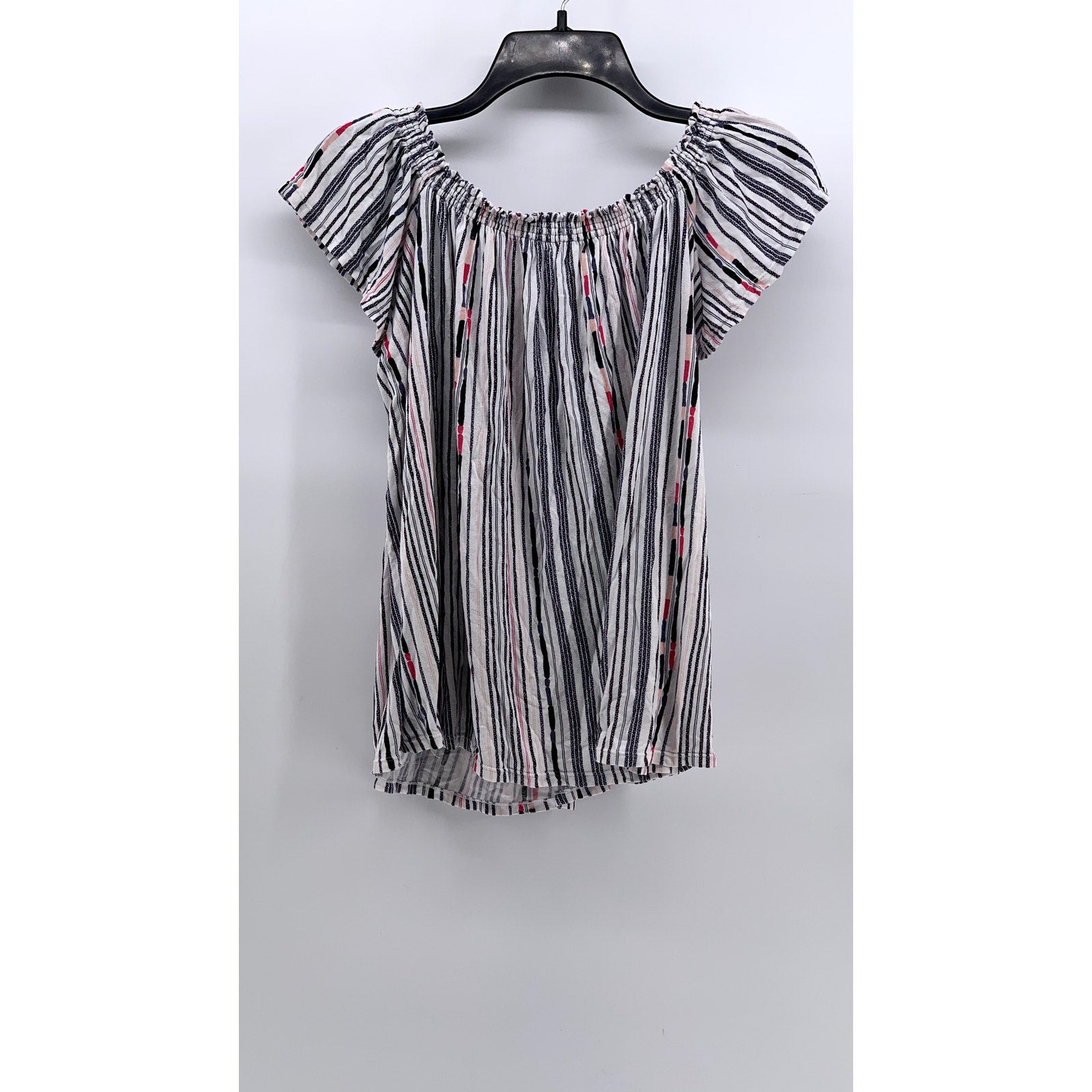 UNBRANDED Women's White-Navy Striped Boho Top SZ M