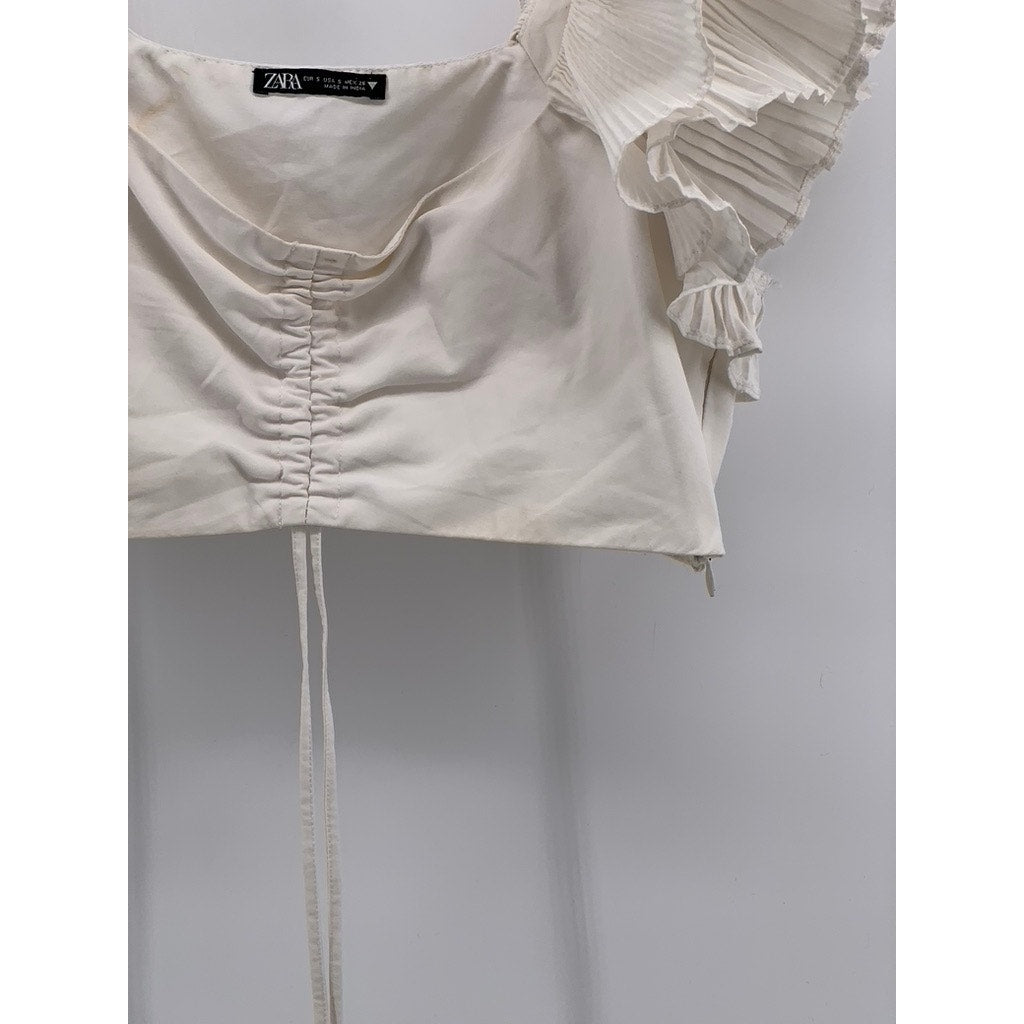 ZARA Women’s White Pleated Ruffle Sleeve Cinched Bust Cropped Top SZ S
