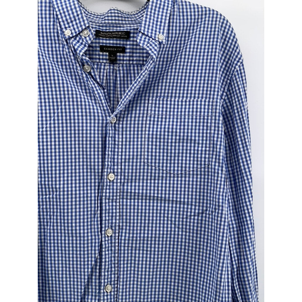 BANANA REPUBLIC Women's Blue Gingham Camden Fit Button-Up Shirt SZ L