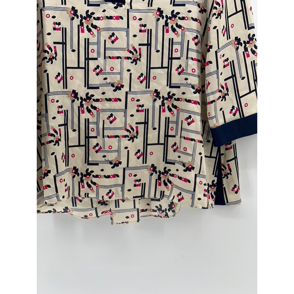PURIFICACION GARCIA Women's Beige-Navy Printed Split-Neck Blouse SZ 38(US-S)