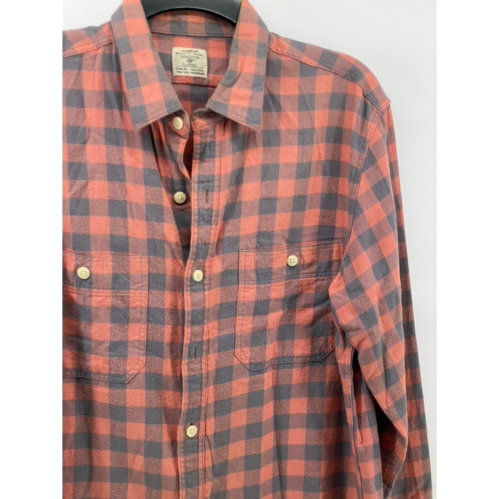 J.CREW Men's Peach-Gray Plaid Button-Up Long Sleeve Flannel Shirt SZ M