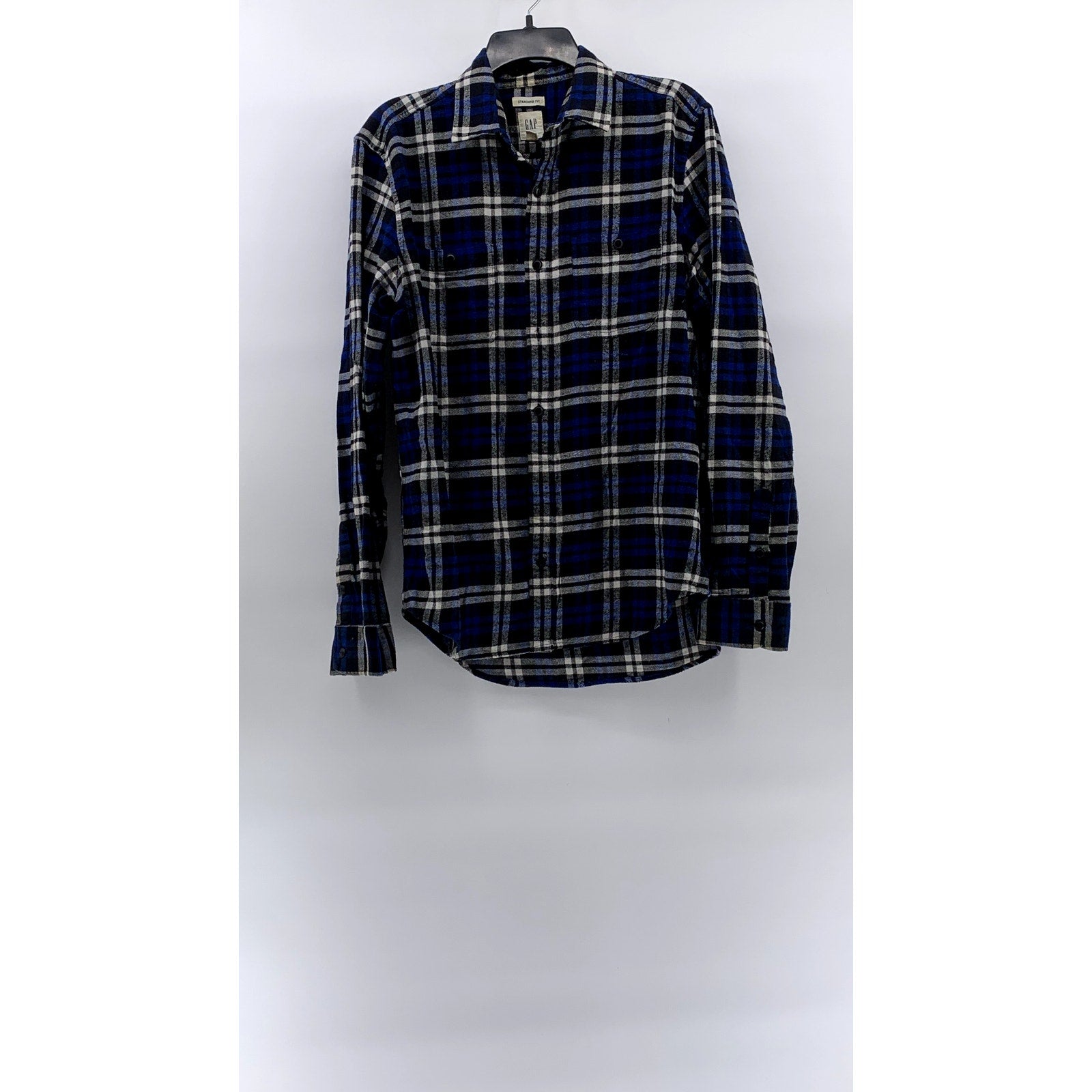 GAP Men's Blue-White Plaid Standard-Fit Button-Up Long Sleeve Flannel Shirt SZ M