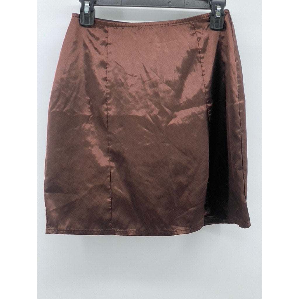 WINDSOR Women's Dark Brown Satin A-Line Side-Slit Mini Skirt SZ S