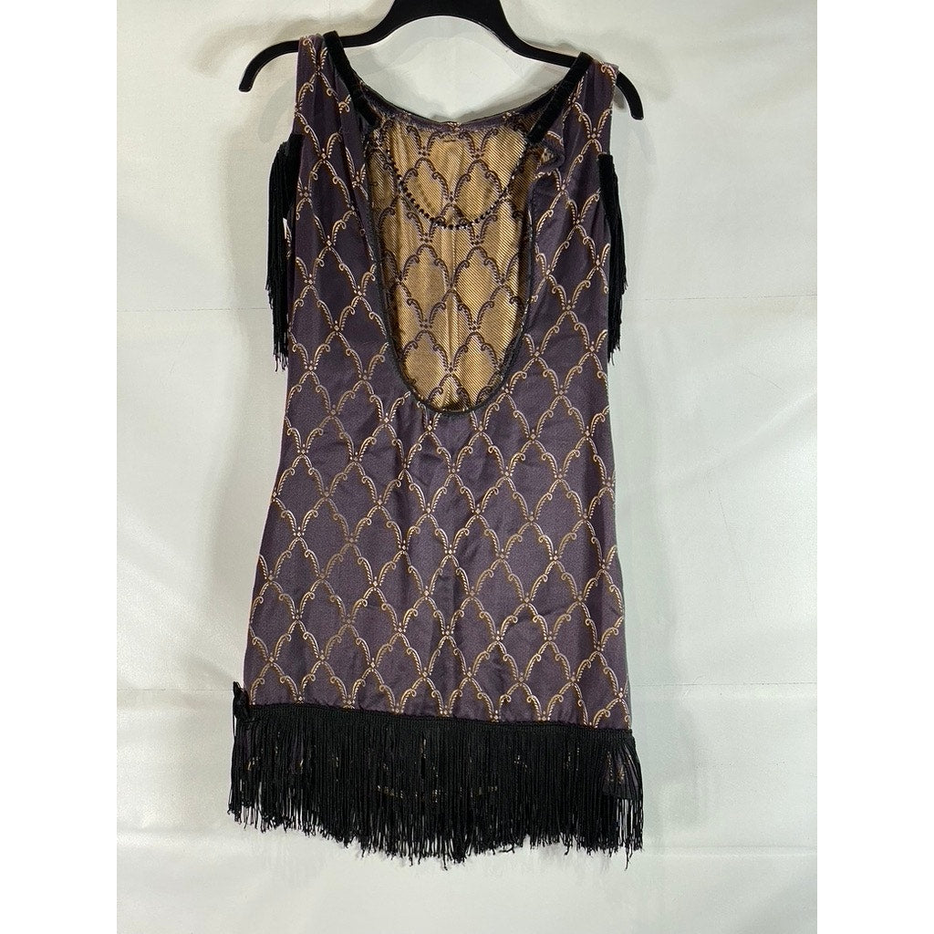 VINTAGE Unbranded Women's Purple/Nude Fringe Open-Back Mini Flapper Dress SZ M