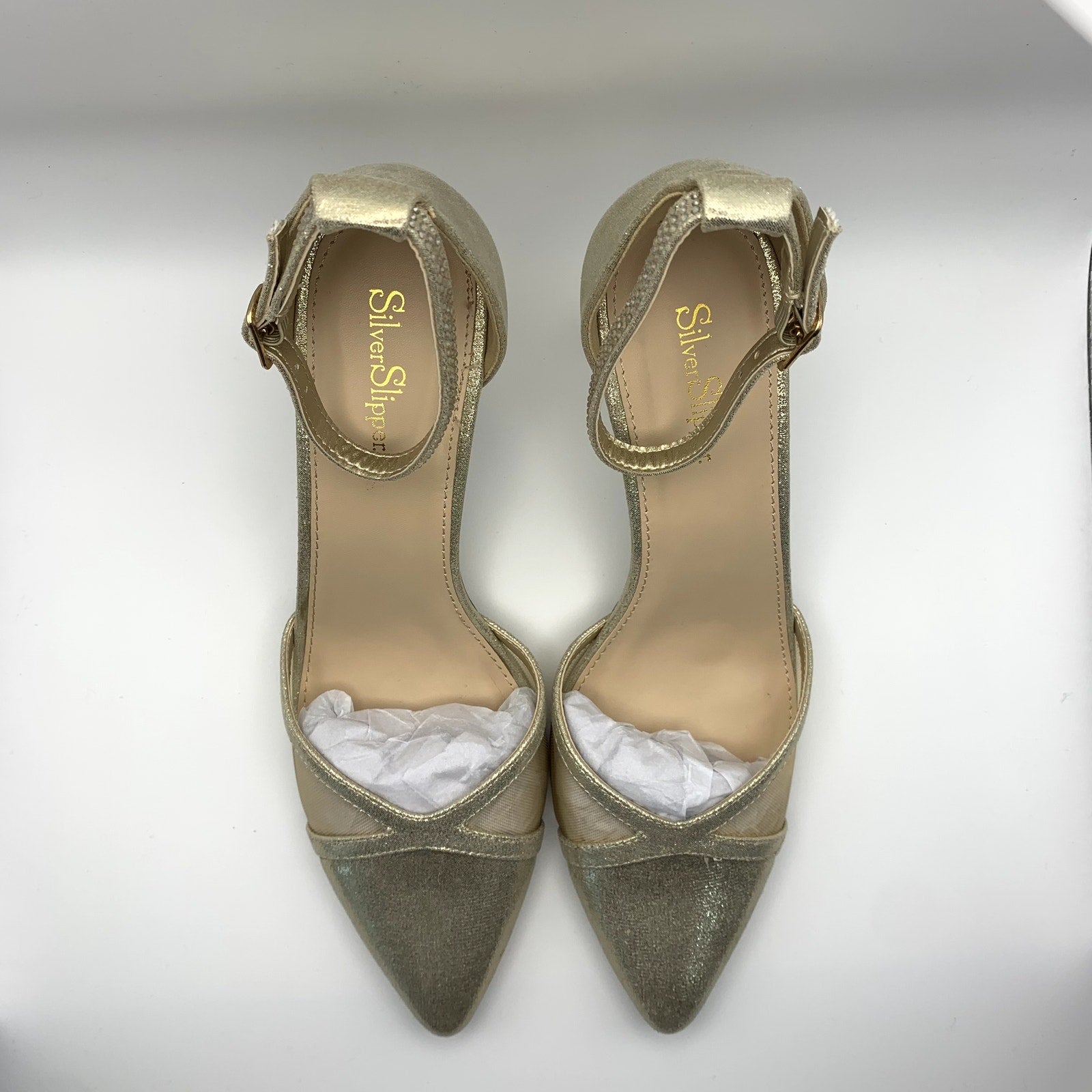 SILVER SLIPPER Women's Gold Ella Pointed-Toe Ankle-Strap Rhinestone Heels SZ8.5