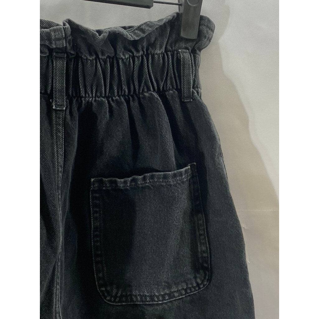 ZARA Women's Black Ruffle-Elasticized Waist Denim Cuffed Paperbag Shorts SZ 34