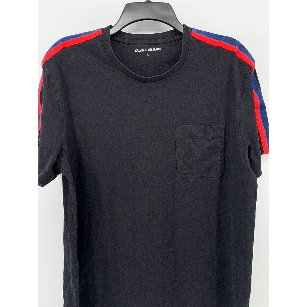 CALVIN KLEIN JEANS Men's Black Crewneck Shoulder Stripe Casual T-Shirt SZ L