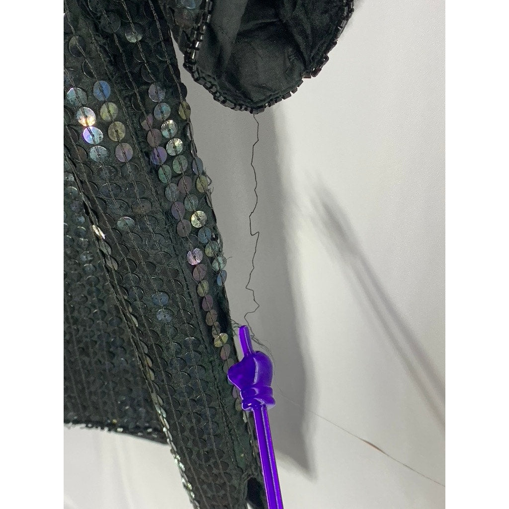 UNBRANDED Women's Vintage Black Sequin Embellished V-Neck Short Sleeve Top SZ S