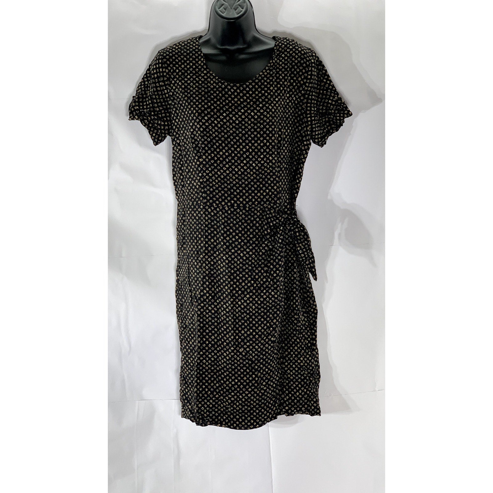 SHERI MARTIN Women's Black Printed Side-Tie Short Sleeve A-Line Dress SZ 12